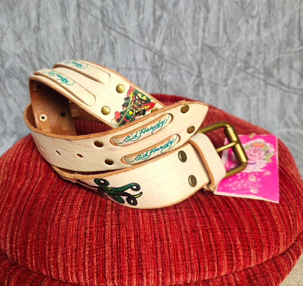 VTG Ed Hardy Y2K Women's Handmade Leather Studded Ivory Tattoo Belt L 34-36"